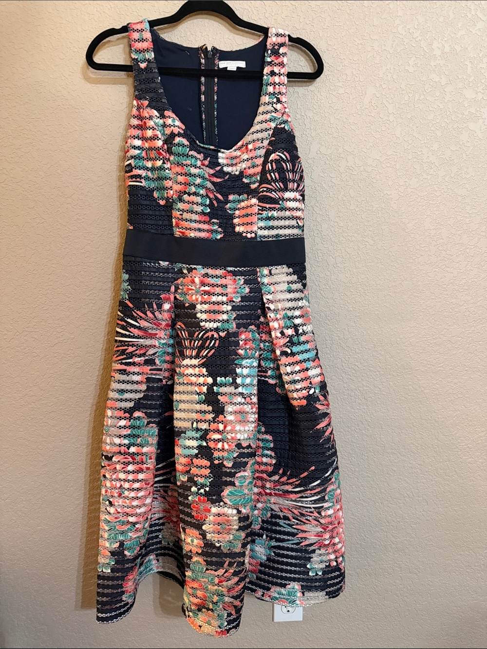 New York & Company Navy Floral Fit-and-Flare Dress with Pink & Teal Accents